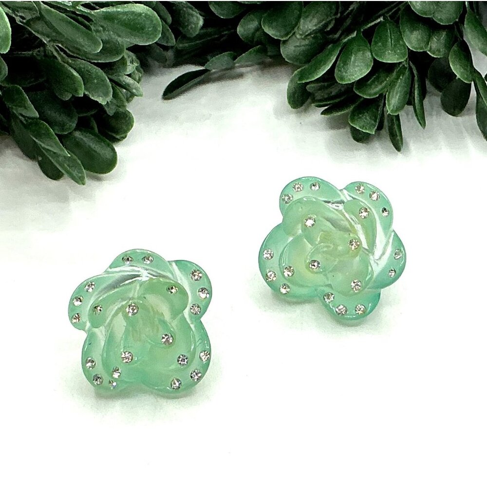 Aqua Shade Floral Stud Earrings With Rhinestone Accents